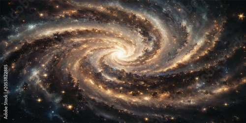 A cosmic illustration of a deep blue spiral galaxy swirling with bright stars and dark nebula clouds across the vast night universe