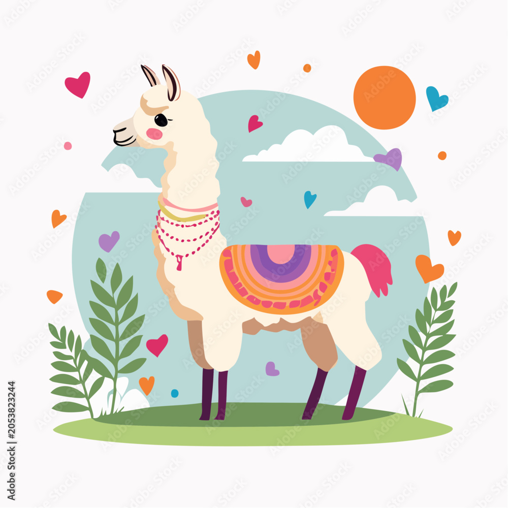 Naklejka premium Cute Llama Illustration with Hearts and Sun