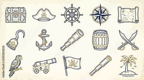 Bild auf Leinwand Collection of pirate-themed icons including a treasure chest, ship's wheel, compass, and parrot