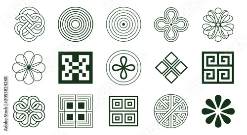 Tableau sur toile Traditional Green Oriental Geometric Ornaments showcasing Ethnic Pattern Graphics, Decorative Icon Elements, Cultural Vector Motifs, and Elegant Isolated Shapes for Design Use