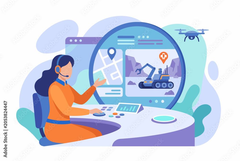 Fototapeta premium Emergency Dispatcher Coordinating Rescue Robot and Drone via Screen