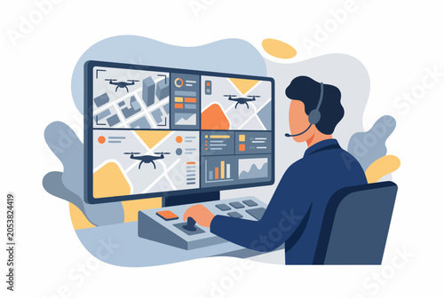 Emergency Rescue Dispatcher Monitoring Drone Operations on Screen