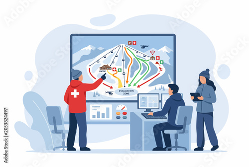 Emergency Rescue Team Coordinating Mountain Evacuation on Digital Screen