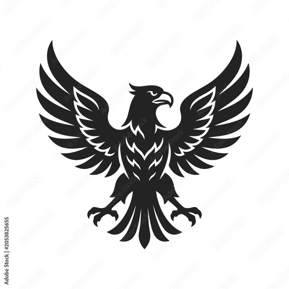 Fototapeta premium Black Eagle Emblem Silhouette, Heraldic Bird Mascot, Powerful Wings Spread