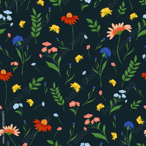 Colorful flower seamless pattern design on dark background for textile design