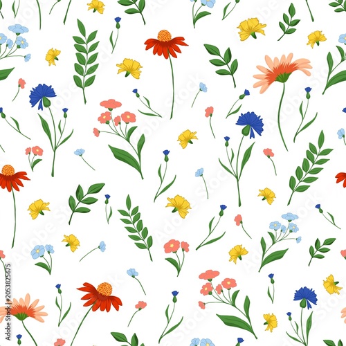 Floral summery seamless pattern design with various plants and flowers on a white background