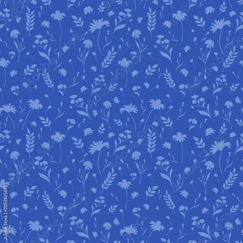 Floral pattern design on blue background with various plant shapes