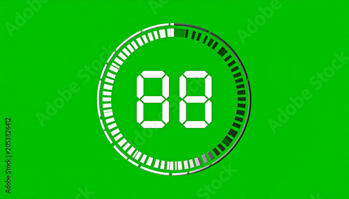 Digital Countdown Timer with Large White Numbers 88 and Circular Progress Bar on Green Screen Background for Video Editing and Motion Graphics
