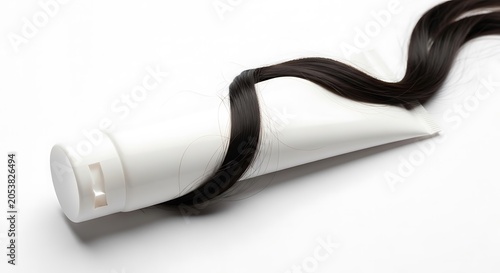 Hair treatment concept. White tube with dark hair strand on white background. Beauty and care