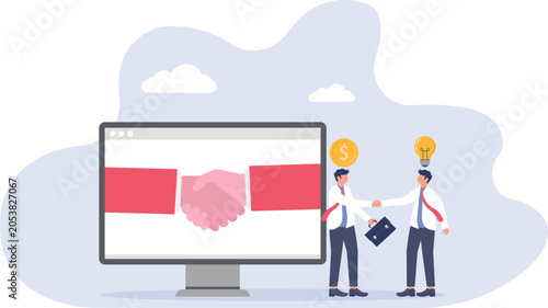 Photos Corporate partnership handshake finalizing digital agreement on monitor