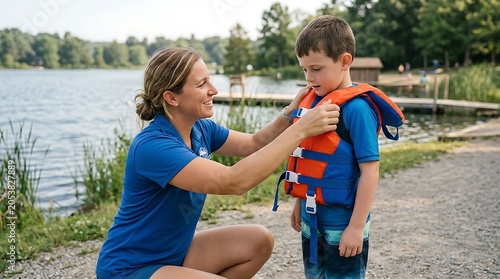 A responsible adult thoughtfully fastens a bright life vest on a small child beside a calm lake, prioritizing safety for an engaging aquatic excursion