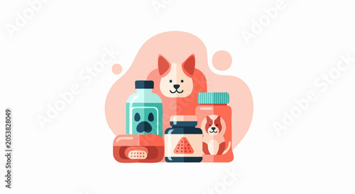 Illustration of various pet care products and supplies.