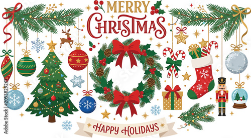 Merry christmas and happy holidays festive decorations collection with christmas holidays decoration ornament celebration stocking nutcracker background greetings