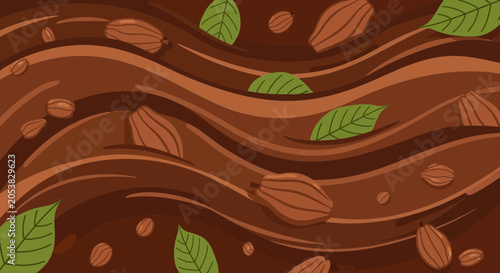 Chocolate Background With Leaves.