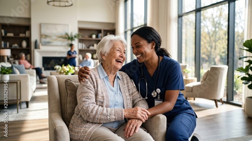Smiling nurse in scrubs with stethoscope hugs an elderly woman in an armchair, holding hands in a bright care facility lounge with large windows and seated residents