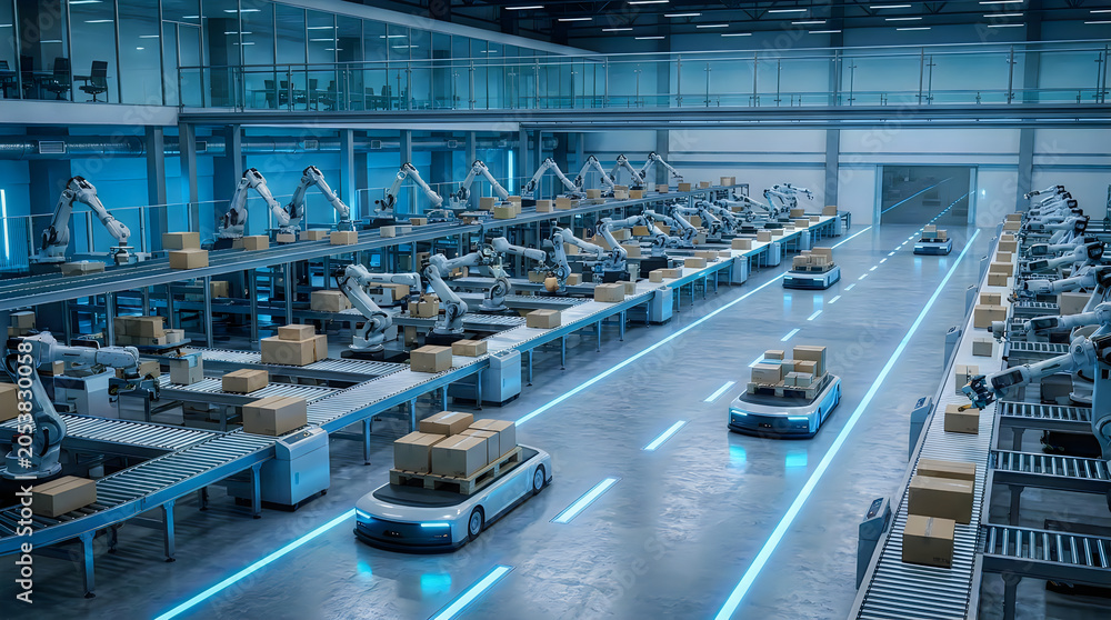 Fototapeta premium Automated Warehouse Robots Transport Packages
