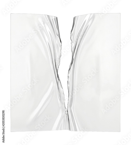 Glossy white torn sheet with a central vertical rip, reflective creases and jagged edges on a clean transparent background