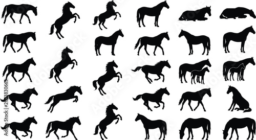 Принти на полотні Black horse silhouette vector set showing various poses and movements including