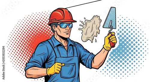 Pop art illustration of a construction worker holding a trowel with cement