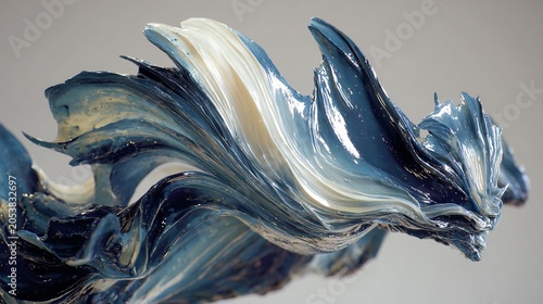 Abstract Sculpture of Swirling Blue and White Paint