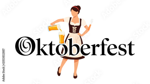 Fotografie Oktoberfest Celebration: A woman in traditional attire pours a frothy beer into a glass, set against the festive backdrop of the Oktoberfest text, inviting revelry and good cheer