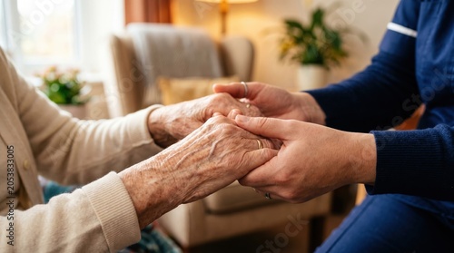 Close-up of a caregiver holding an elderly person’s wrinkled hands in a cozy home setting, showing compassion, support, and senior care during a gentle moment