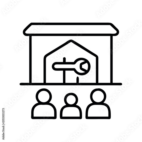 Minimalist Workshop Icon with Tools and Workbench in Flat Design Style