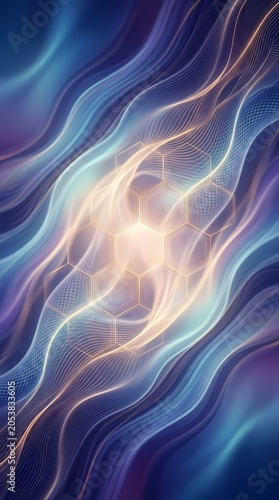Abstract waves, glowing hexagon, digital network, futuristic, blue and purple gradient