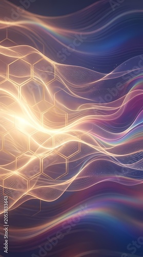 Abstract golden hexagons and flowing waves of light in purple and blue hues
