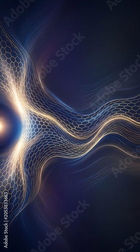 Abstract glowing hexagonal network flow on dark background, science, technology