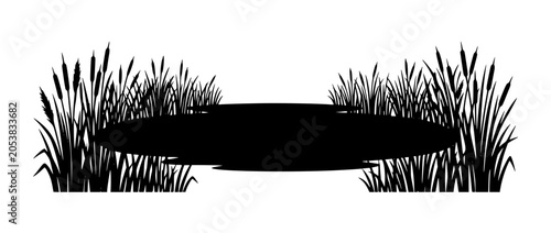 Black silhouette of swamp pond with reeds and cattails