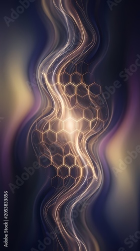 Abstract glowing honeycomb structure with flowing golden light waves