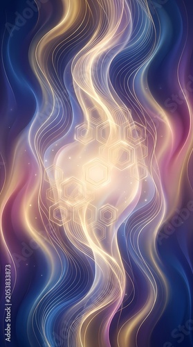 Abstract swirling light waves and geometric patterns