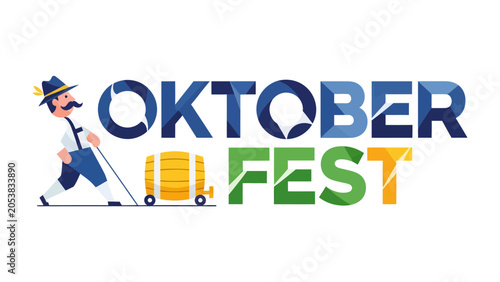 Foto Oktoberfest Celebration Graphic: A stylized illustration depicts a traditional Bavarian character pulling a keg, celebrating the iconic Oktoberfest festival with vibrant, colorful typography