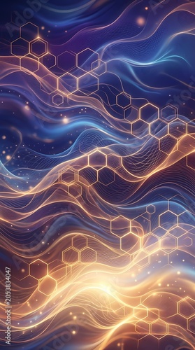 Abstract Hexagonal Network Waves - Blue and Gold Flowing Light Pattern