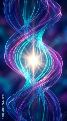 Abstract DNA Helix, Blue and Purple Swirls with Glowing Light