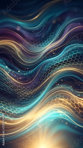 Abstract Flowing Energy Waves with Hexagonal Patterns and Glowing Lights