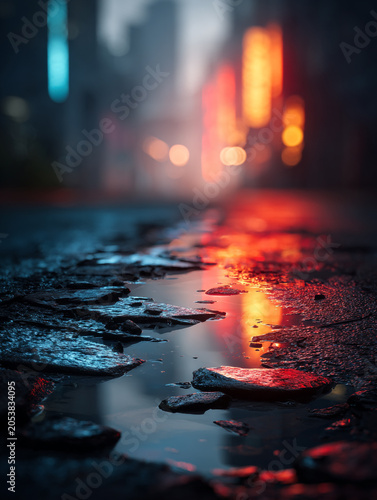 Neon city lights reflecting in a rain puddle on a dark street