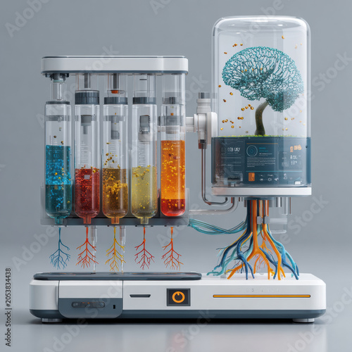 Biotechnology laboratory medical device diagnostic bioengineering cell fluid microfluidic research futuristic medical lab instrument with transparent tube reactor