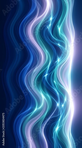 Abstract wavy blue and green light streaks with glowing particles