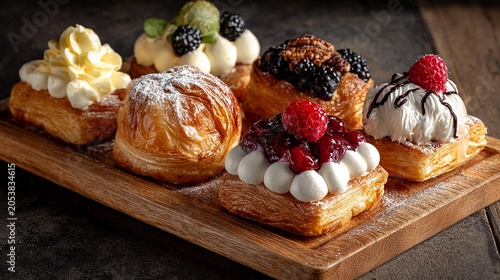 Delicious assorted creamfilled pastries on a wooden board