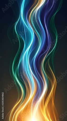 Abstract flowing light waves, vibrant blue, green, purple and gold gradients