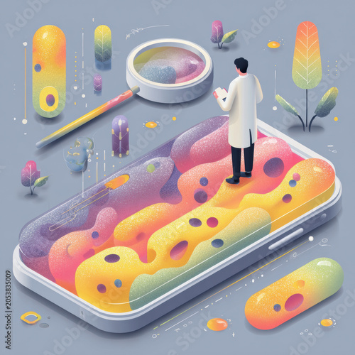 Medical research scientist microscope cell smartphone magnifier digital health ai early detection laboratory concept illustration featuring researcher analyzing  cell sample smartphone