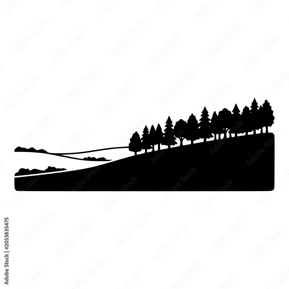 Obraz premium Black Silhouette of Forest Trees on a Rolling Hill Landscape