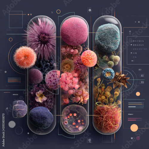 Medical innovation biotechnology microbiology laboratory capsule digital interface research cell bacteria virus futuristic laboratory concept, transparent capsule tube