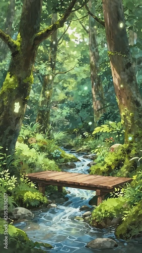 Enchanted Forest Stream with a Wooden Footbridge and Glowing Fireflies