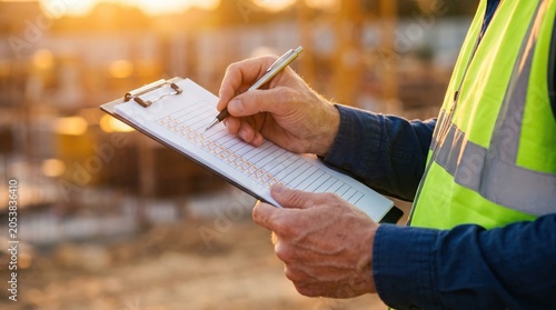 Worker in reflective safety vest writes on a clipboard checklist at a construction site during sunset, close-up of hands holding pen and board with printed lines