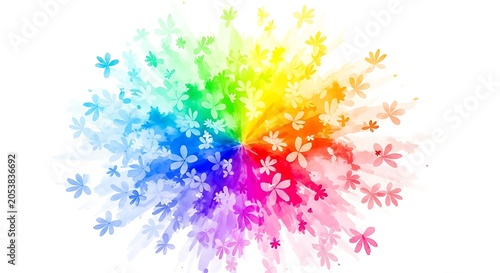 Vibrant rainbow exploding flower petals on white background