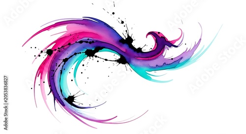 Vibrant abstract watercolor splash with flowing colors and black ink splatters