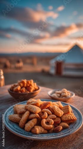 Golden nuts rest on a rustic plate